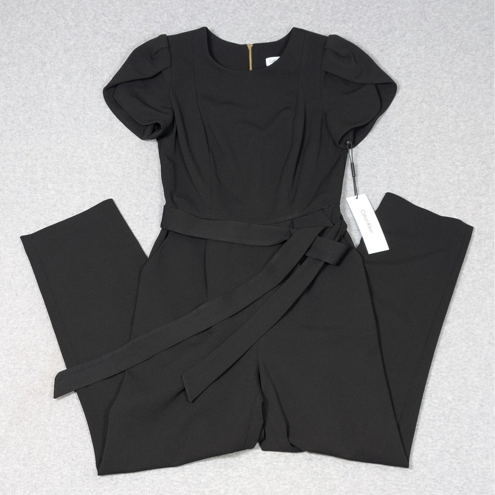 New Calvin Klein Jumpsuit Womens Size 2 Tie Waist Boat Neck Tulip Short Sleeve